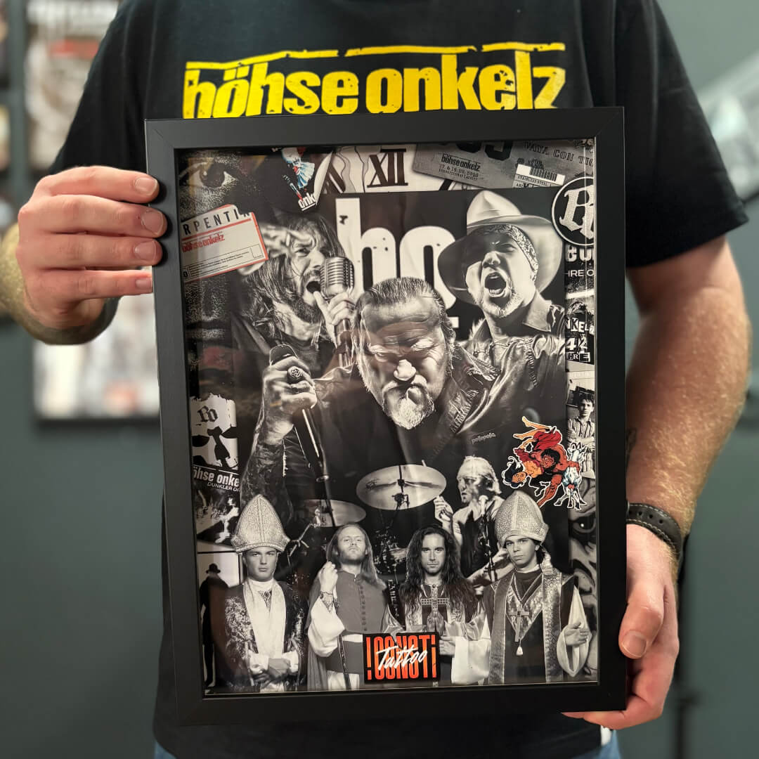 Der tätowierte Entwurf in einer selbsterstellten Collage aus alten Grafiken und Album Covern der Börsen Onkelz